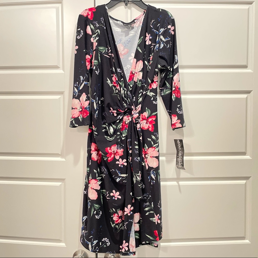 Women’s black with floral print wrap/tie dress